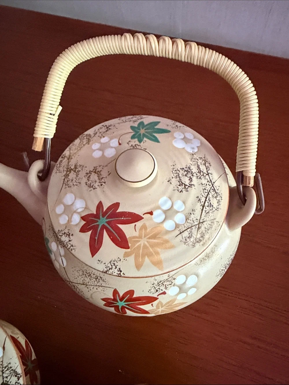 Cream Ceramic Teapot and Lidded Bowls Set with Floral Accents